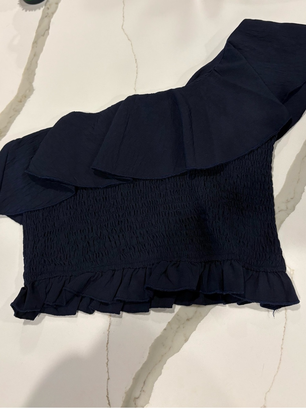 One-Shoulder Ruffle Smocked Crop Top - Navy